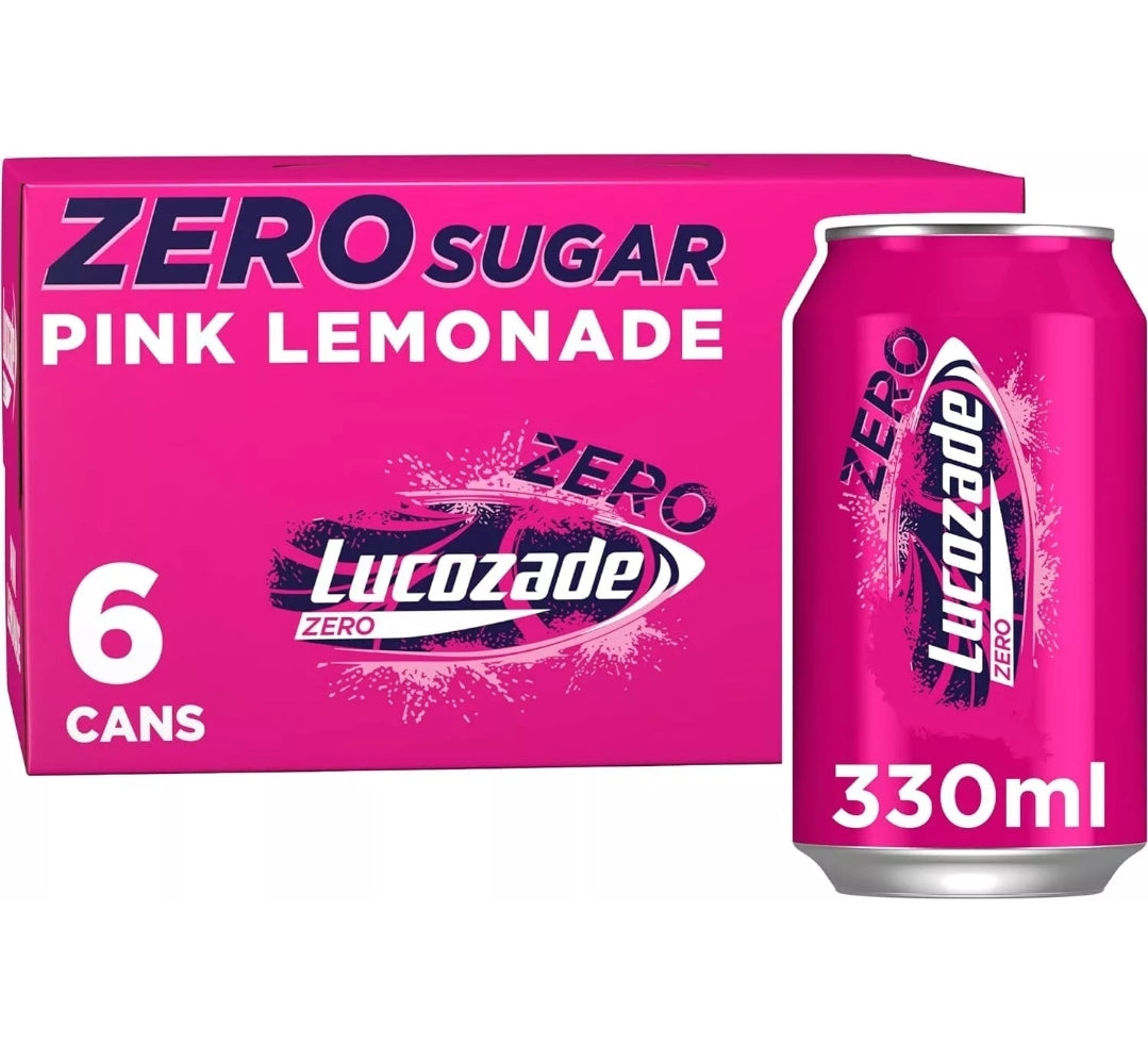 Lucozade Zero, Fizzy Drink, Pink Lemonade Flavour, Sugar Free, 6 x 330ml cans